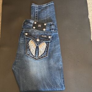 Miss Me Boot Cut Jeans with Embroidered Wing Pocket - Dark Blue